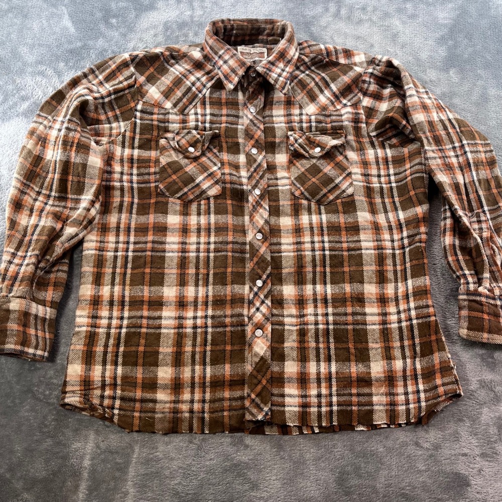 Vintage Sears Western Wear Plaid Flannel Shirt Brown Orange Pearl Snap XL